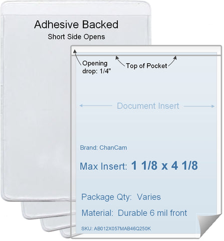 ChanCam vinyl sleeve, open short side, adhesive back, insert size: 1 1/8 x 4 1/8, product size: 1 3/8 x 4 3/8, package quantity 100, 4 mil adhesive back / 6 mil clear vinyl front