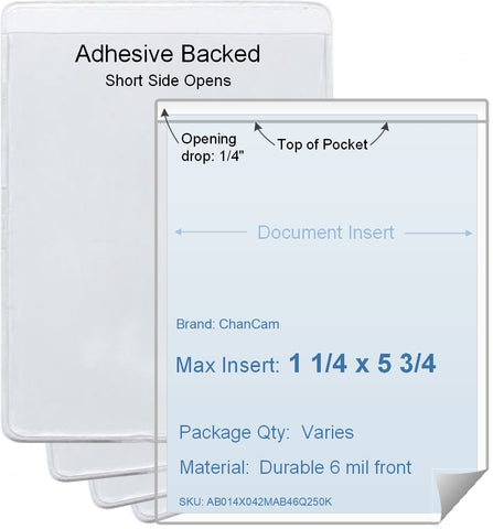 ChanCam vinyl sleeve, open short side, adhesive back, insert size: 1 1/4 x 5 3/4, product size: 1 1/2 x 6, package quantity 100, 4 mil adhesive back / 6 mil clear vinyl front