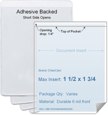 ChanCam vinyl sleeve, open short side, adhesive back, insert size: 1 1/2 x 1 3/4, product size: 1 3/4 x 2, package quantity 100, 4 mil adhesive back / 6 mil clear vinyl front