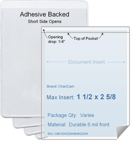 ChanCam vinyl sleeve, open short side, adhesive back, insert size: 1 1/2 x 2 5/8, product size: 1 3/4 x 2 7/8, package quantity 100, 4 mil adhesive back / 6 mil clear vinyl front