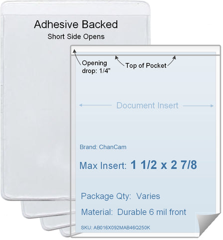 ChanCam vinyl sleeve, open short side, adhesive back, insert size: 1 1/2 x 2 7/8, product size: 1 3/4 x 3 1/8, package quantity 100, 4 mil adhesive back / 6 mil clear vinyl front