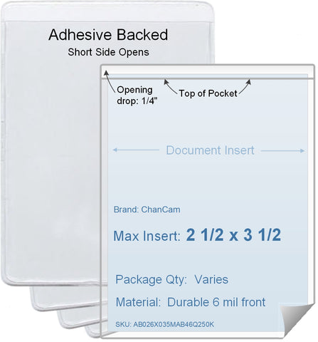 ChanCam vinyl sleeve, open short side, adhesive back, insert size: 2 1/2 x 3 1/2, product size: 2 3/4 x 3 3/4, package quantity 100, 4 mil adhesive back / 6 mil clear vinyl front