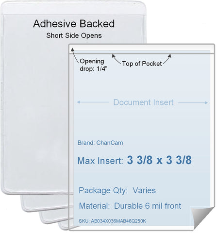 ChanCam vinyl sleeve, open short side, adhesive back, insert size: 3 3/8 x 3 3/8, product size: 3 5/8 x 3 5/8, package quantity 100, 4 mil adhesive back / 6 mil clear vinyl front