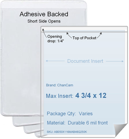 ChanCam vinyl sleeve, open short side, adhesive back, insert size: 4 3/4 x 12, product size: 5 x 12 1/4, package quantity 100, 4 mil adhesive back / 6 mil clear vinyl front