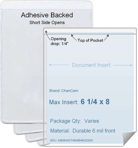 ChanCam vinyl sleeve, open short side, adhesive back, insert size: 6 1/4 x 8, product size: 6 1/2 x 8 1/4, package quantity 100, 4 mil adhesive back / 6 mil clear vinyl front