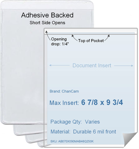 ChanCam vinyl sleeve, open short side, adhesive back, insert size: 6 7/8 x 9 3/4, product size: 7 1/8 x 10, package quantity 100, 4 mil adhesive back / 6 mil clear vinyl front