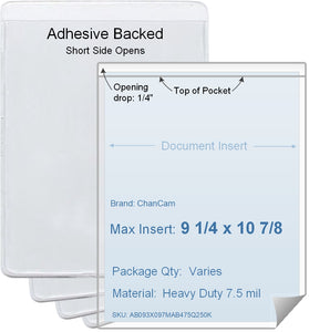 ChanCam vinyl sleeve, open short side, adhesive back, insert size: 9 1/4 x 10 7/8, product size: 9 1/2 x 11 1/8, package quantity 100, 4 mil adhesive back / heavy duty 7.5 mil clear vinyl front