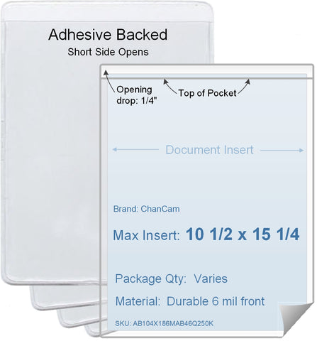 ChanCam vinyl sleeve, open short side, adhesive back, insert size: 10 1/2 x 15 1/4, product size: 10 3/4 x 15 1/2, package quantity 100, 4 mil adhesive back / 6 mil clear vinyl front