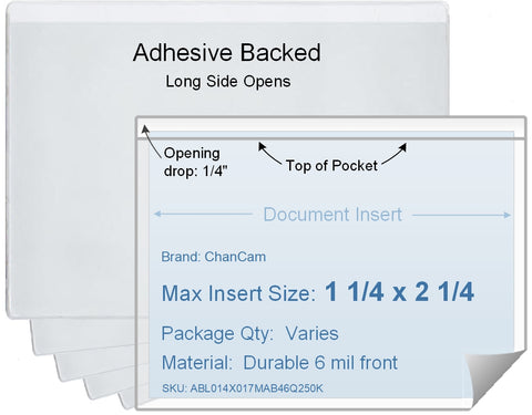 ChanCam vinyl sleeve, open long side, adhesive back, insert size: 2 1/4 x 1 1/4, product size: 2 1/2 x 1 1/2, package quantity 100, 4 mil adhesive back / 6 mil clear vinyl front