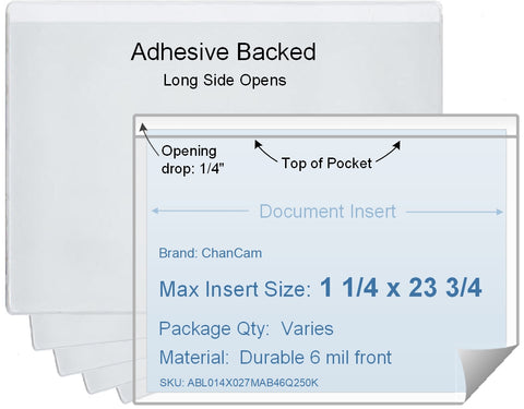 ChanCam vinyl sleeve, open long side, adhesive back, insert size: 23 3/4 x 1 1/4, product size: 24 x 1 1/2, package quantity 100, 4 mil adhesive back / 6 mil clear vinyl front