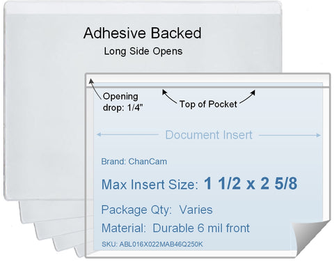 ChanCam vinyl sleeve, open long side, adhesive back, insert size: 2 5/8 x 1 1/2, product size: 2 7/8 x 1 3/4, package quantity 100, 4 mil adhesive back / 6 mil clear vinyl front