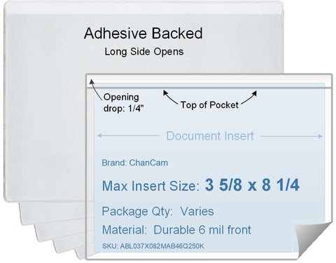 ChanCam vinyl sleeve, open long side, adhesive back, insert size: 8 1/4 x 3 5/8, product size: 8 1/2 x 3 7/8, package quantity 100, 4 mil adhesive back / 6 mil clear vinyl front