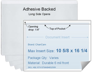 ChanCam vinyl sleeve, open long side, adhesive back, insert size: 16 1/4 x 10 5/8, product size: 16 1/2 x 10 7/8, package quantity 100, 4 mil adhesive back / 6 mil clear vinyl front