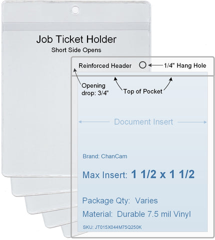 ChanCam vinyl sleeve, open short side, hanging document holder, insert size: 1 1/2 x 1 1/2, product size: 1 3/4 x 2 1/4, package quantity 100, 7.5 mil clear vinyl