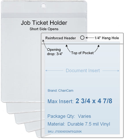 ChanCam vinyl sleeve, open short side, hanging document holder, insert size: 2 3/4 x 4 7/8, product size: 3 x 5 5/8, package quantity 100, 7.5 mil clear vinyl