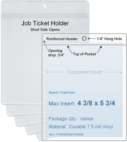 ChanCam vinyl sleeve, open short side, hanging document holder, insert size: 4 3/8 x 5 3/4, product size: 4 5/8 x 6 1/2, package quantity 100, 7.5 mil clear vinyl