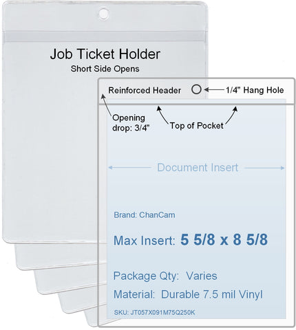 ChanCam vinyl sleeve, open short side, hanging document holder, insert size: 5 5/8 x 8 5/8, product size: 5 7/8 x 9 3/8, package quantity 100, 7.5 mil clear vinyl