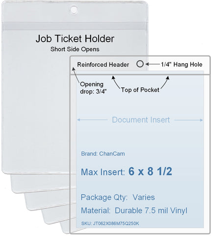 ChanCam vinyl sleeve, open short side, hanging document holder, insert size: 6 x 8 1/2, product size: 6 1/4 x 9 1/4, package quantity 100, 7.5 mil clear vinyl