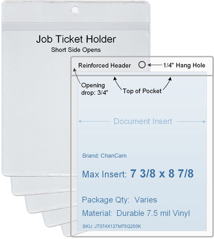ChanCam vinyl sleeve, open short side, hanging document holder, insert size: 7 3/8 x 8 7/8, product size: 7 5/8 x 9 5/8, package quantity 100, 7.5 mil clear vinyl