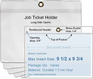 ChanCam vinyl sleeve, open long side, hanging document holder with brass eyelet, insert size: 9 1/2 x 9 3/4, product size: 10 1/4 x 10, package quantity 100, 7.5 mil clear vinyl