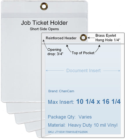 ChanCam vinyl sleeve, open short side, hanging document holder with brass eyelet, insert size: 10 1/4 x 16 1/4, product size: 10 1/2 x 17, package quantity 100, heavy duty 10 mil clear vinyl