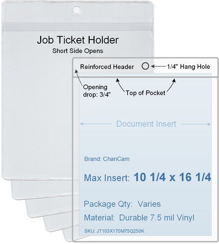 ChanCam vinyl sleeve, open short side, hanging document holder, insert size: 10 1/4 x 16 1/4, product size: 10 1/2 x 17, package quantity 100, 7.5 mil clear vinyl