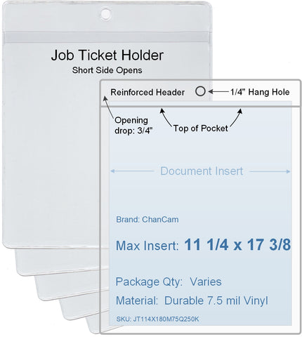 ChanCam vinyl sleeve, open short side, hanging document holder, insert size: 11 1/4 x 17 3/8, product size: 11 1/2 x 18 1/8, package quantity 100, 7.5 mil clear vinyl