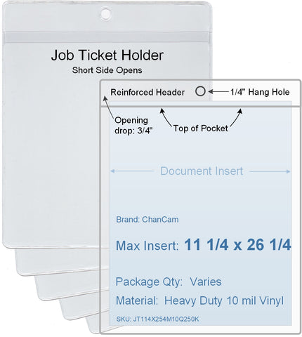 ChanCam vinyl sleeve, open short side, hanging document holder, insert size: 11 1/4 x 26 1/4, product size: 11 1/2 x 27, package quantity 100, heavy duty 10 mil clear vinyl