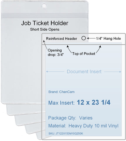 ChanCam vinyl sleeve, open short side, hanging document holder, insert size: 12 x 23 1/4, product size: 12 1/4 x 24, package quantity 100, heavy duty 10 mil clear vinyl