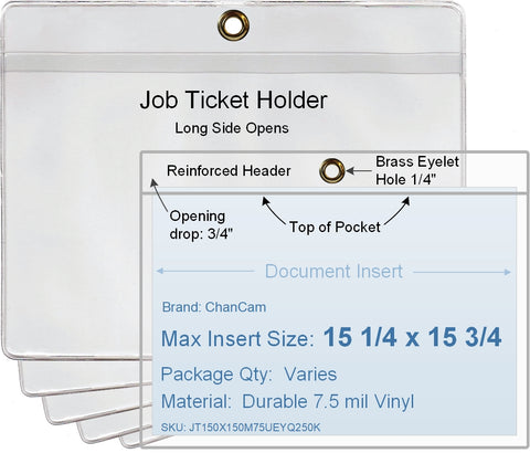 ChanCam vinyl sleeve, open long side, hanging document holder with brass eyelet, insert size: 15 1/4 x 15 3/4, product size: 16 x 16, package quantity 100, 7.5 mil clear vinyl