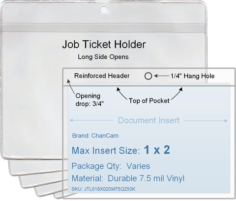 ChanCam vinyl sleeve, open long side, hanging document holder, insert size: 2 x 1, product size: 2 1/4 x 1 3/4, package quantity 100, 7.5 mil clear vinyl