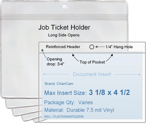 ChanCam vinyl sleeve, open long side, hanging document holder, insert size: 4 1/2 x 3 1/8, product size: 4 3/4 x 3 7/8, package quantity 100, 7.5 mil clear vinyl