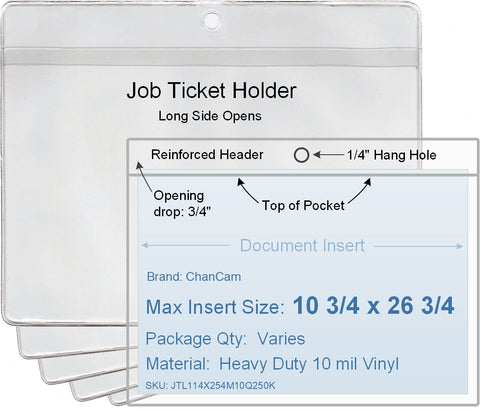 ChanCam vinyl sleeve, open long side, hanging document holder, insert size: 26 3/4 x 10 3/4, product size: 27 x 11 1/2, package quantity 100, heavy duty 10 mil clear vinyl