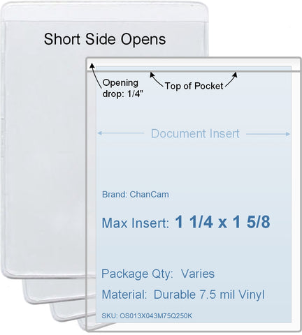 ChanCam vinyl sleeve, open short side, insert size: 1 1/4 x 1 5/8, product size: 1 1/2 x 1 7/8, package quantity 100, 7.5 mil clear vinyl