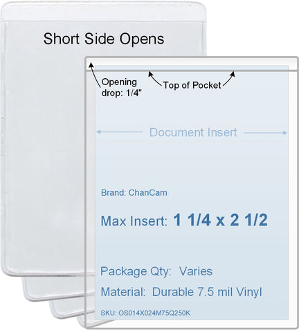 ChanCam vinyl sleeve, open short side, insert size: 1 1/4 x 2 1/2, product size: 1 1/2 x 2 3/4, package quantity 100, 7.5 mil clear vinyl