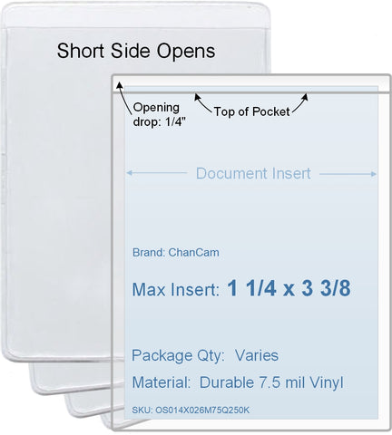 ChanCam vinyl sleeve, open short side, insert size: 1 1/4 x 3 3/8, product size: 1 1/2 x 3 5/8, package quantity 100, 7.5 mil clear vinyl