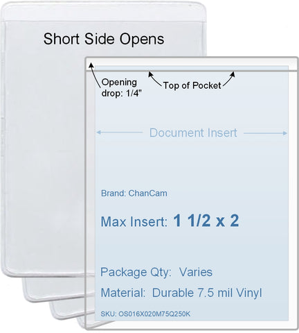 ChanCam vinyl sleeve, open short side, insert size: 1 1/2 x 2, product size: 1 3/4 x 2 1/4, package quantity 100, 7.5 mil clear vinyl