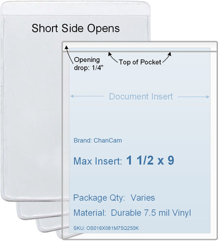 ChanCam vinyl sleeve, open short side, insert size: 1 1/2 x 9, product size: 1 3/4 x 9 1/4, package quantity 100, 7.5 mil clear vinyl