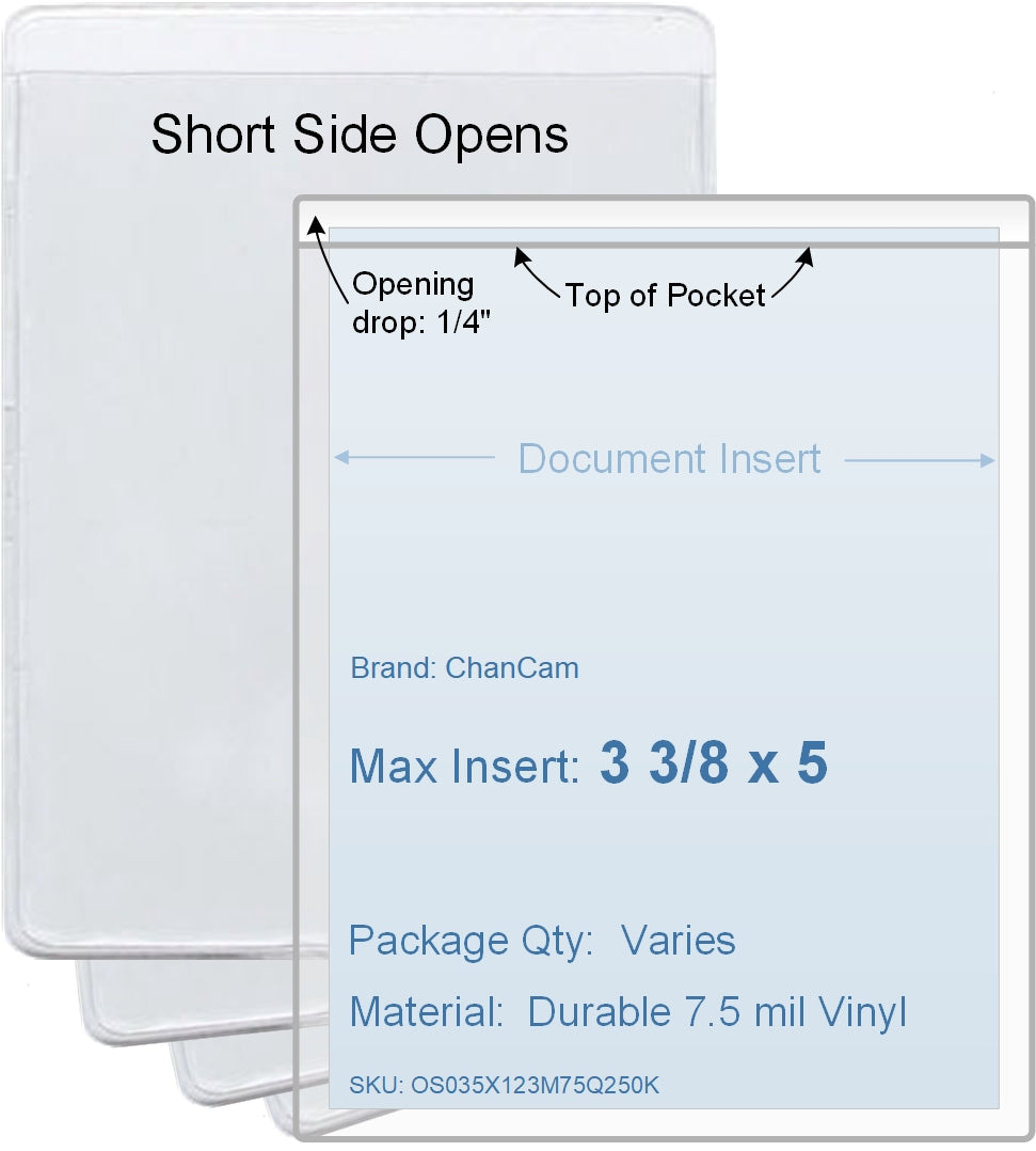 ChanCam vinyl sleeve, open short side, insert size: 3 3/8 x 5, product size: 3 5/8 x 5 1/4, package quantity 100, 7.5 mil clear vinyl