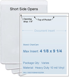 ChanCam vinyl sleeve, open short side, insert size: 4 1/8 x 9 1/4, product size: 4 3/8 x 9 1/2, package quantity 100, heavy duty 10 mil clear vinyl