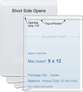 ChanCam vinyl sleeve, open short side, insert size: 9 x 12, product size: 9 1/4 x 12 1/4, heavy duty 10 mil clear vinyl