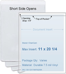 ChanCam vinyl sleeve, open short side, insert size: 11 x 20 1/4, product size: 11 1/4 x 20 1/2, package quantity 100, 7.5 mil clear vinyl