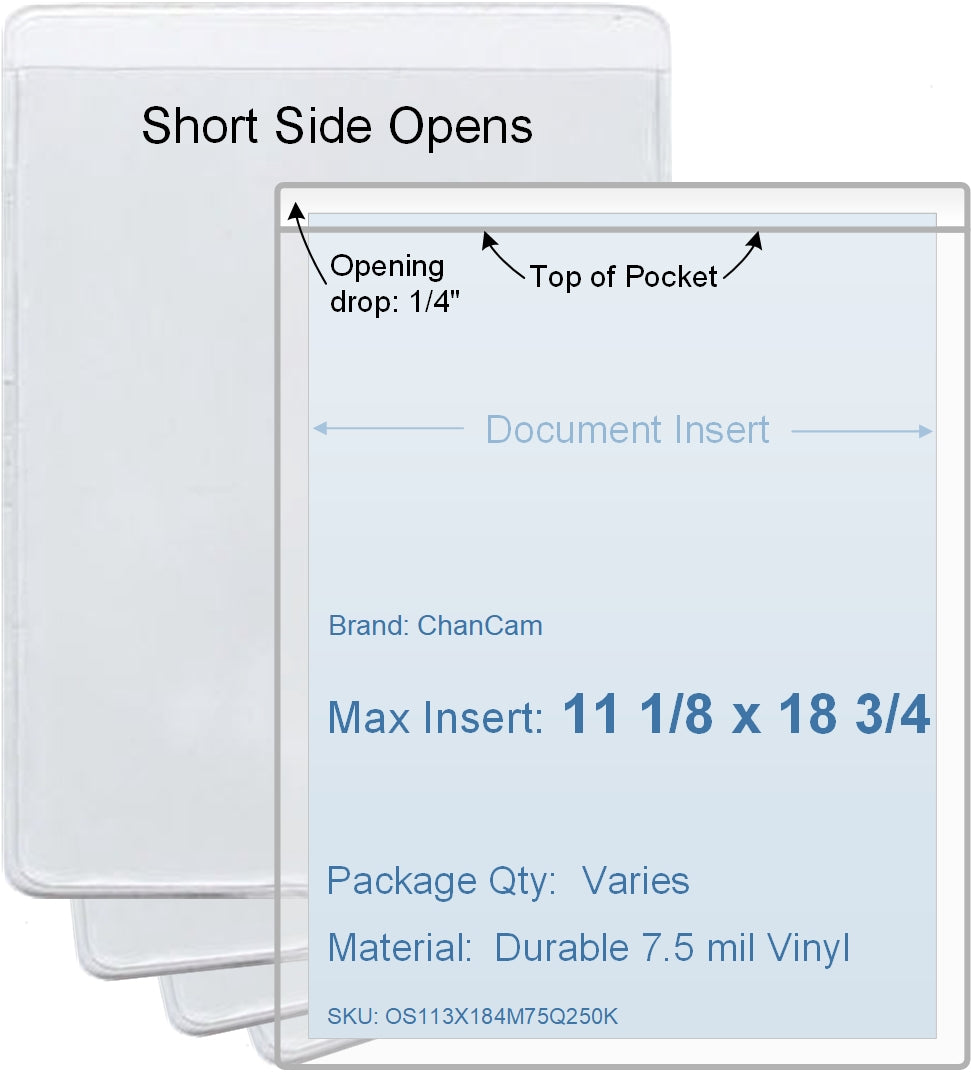 ChanCam vinyl sleeve, open short side, insert size: 11 1/8 x 18 3/4, product size: 11 3/8 x 19, package quantity 100, 7.5 mil clear vinyl