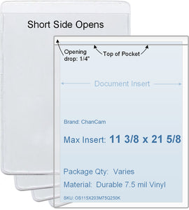 ChanCam vinyl sleeve, open short side, insert size: 11 3/8 x 21 5/8, product size: 11 5/8 x 21 7/8, package quantity 100, 7.5 mil clear vinyl