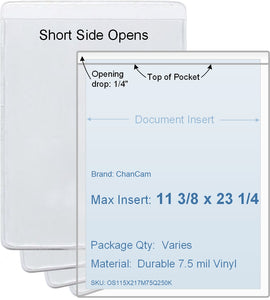 ChanCam vinyl sleeve, open short side, insert size: 11 3/8 x 23 1/4, product size: 11 5/8 x 23 1/2, package quantity 100, 7.5 mil clear vinyl